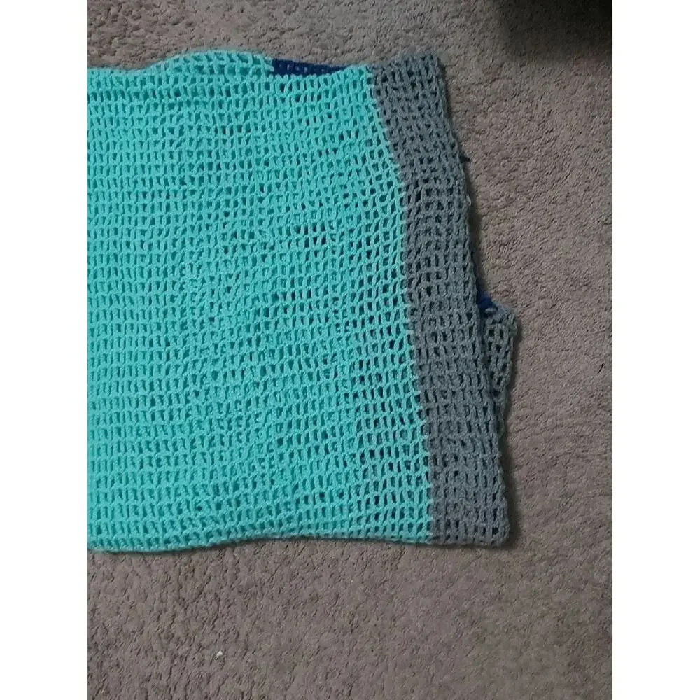 Crochet Quilt Throw Blanket Aqua/Gray/Blue 92L x 46W Comfy Cozy Winter Granny